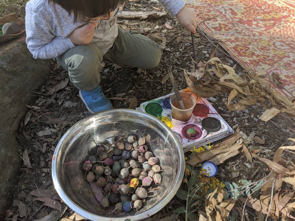 bush playgroup blaxland preschool kindergarten little boy painting gumnuts