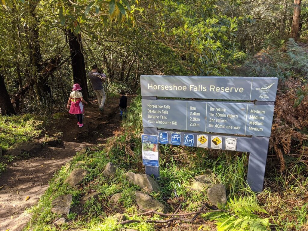 Horseshoe Falls Hazelbrook, bushwalk entrance, kids