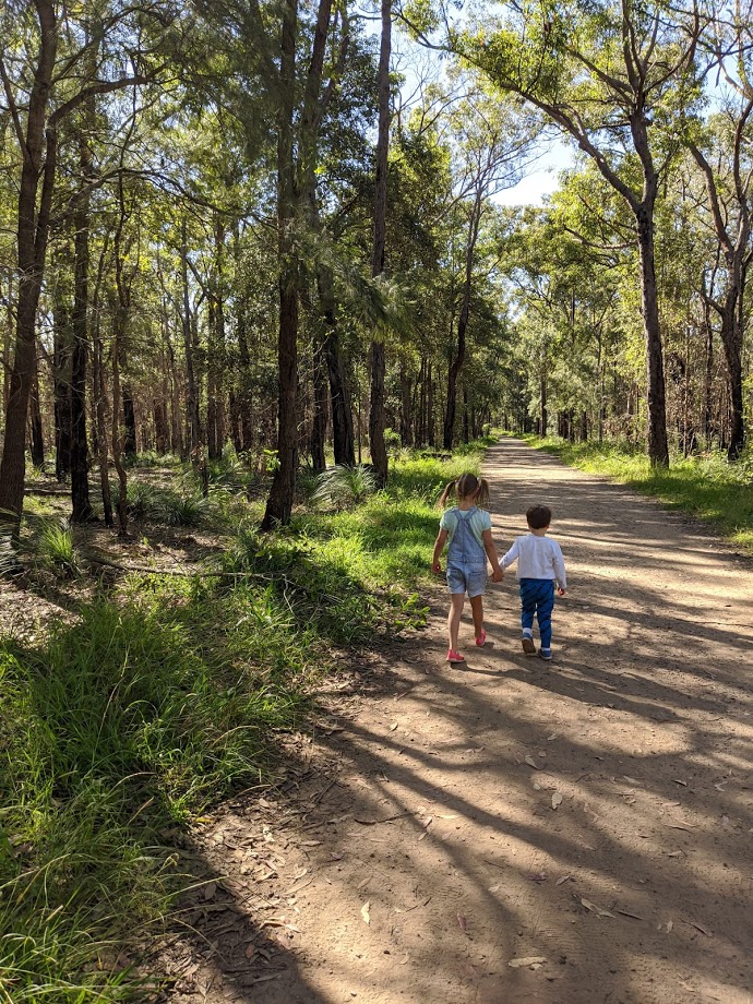 kids bushwalking in Glenbrook holding hands