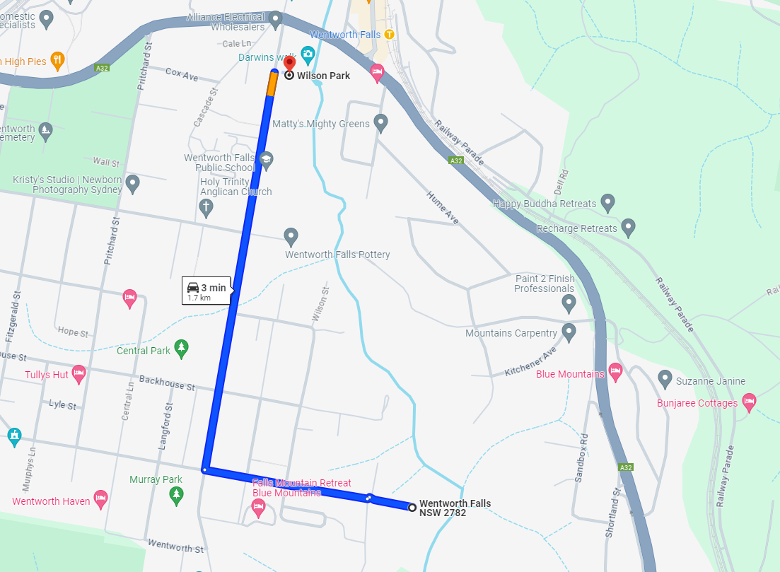 Map of the Darwin Walk Wentworth Falls return journey along the road from Fletcher Street to Wilson Park.