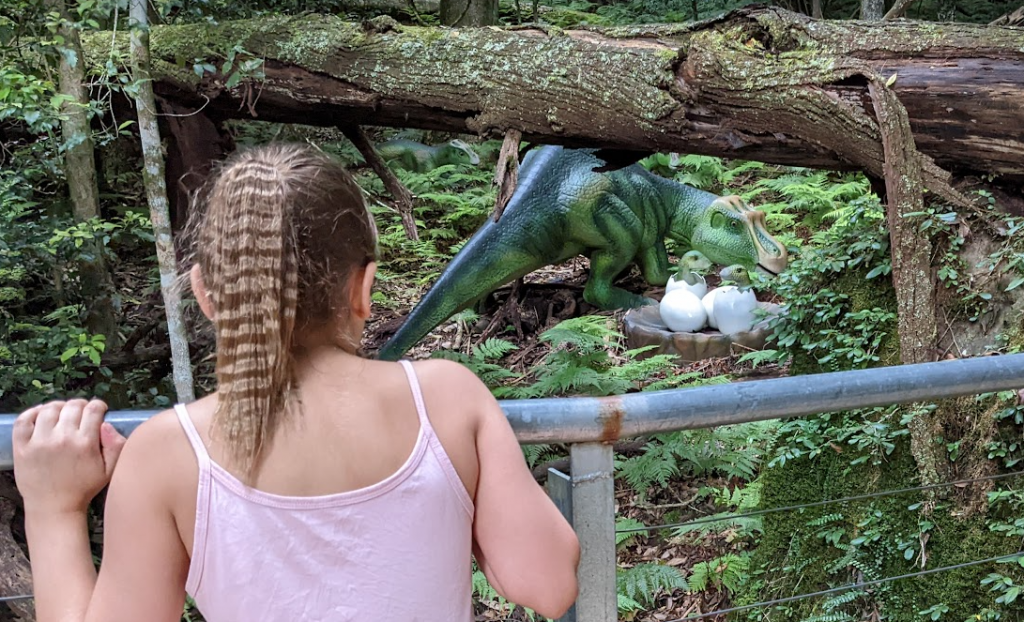 young girl watching dinosaurs hatch from their eggs at dinosaur valley scenic world blue mountains