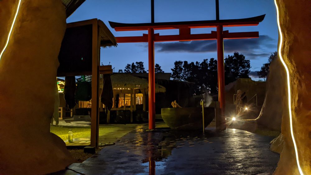 Japanese Bath House Blue Mountains traditional red japanese gate view from indoor cave bath