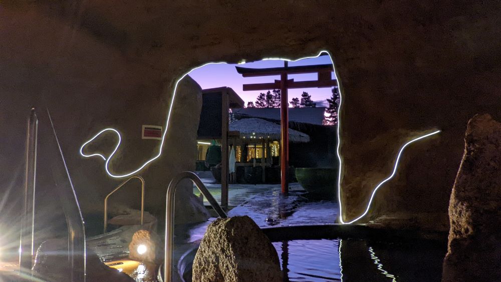 Japanese Bath House Blue Mountains lights in the cave looking out at sunset