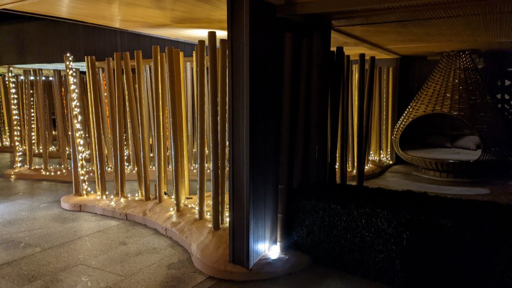 one of the pods to relax in near the bamboo lights display at the japanese hot baths blue mountains