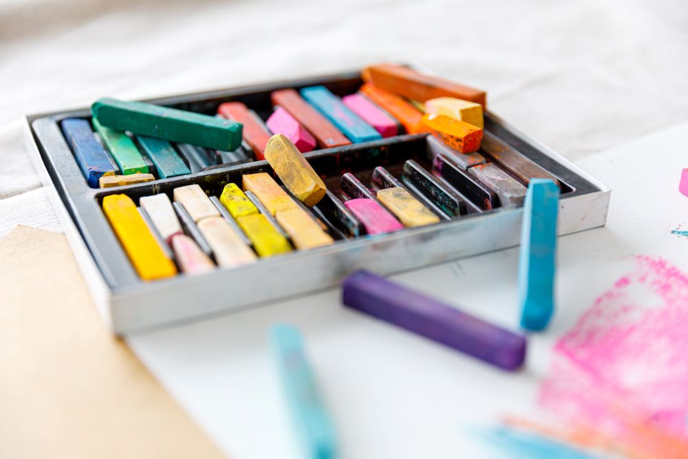 a box of colourful pastels