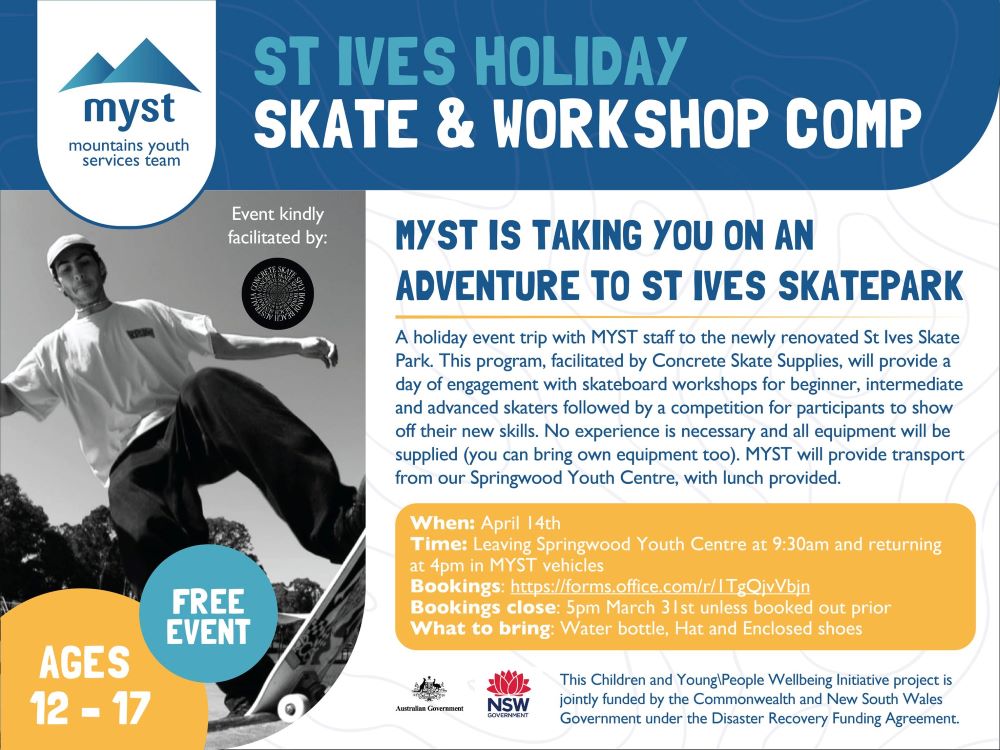 MYST BLUE MOUNTAINS free skate and workshop at st ives flyer for blue mountains autumn school holidays activities guide 2023