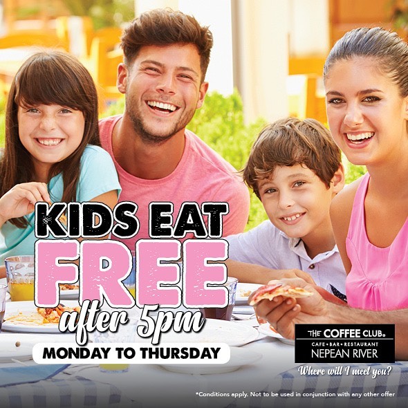 family enjoying kids eat free meals at the coffee club nepean