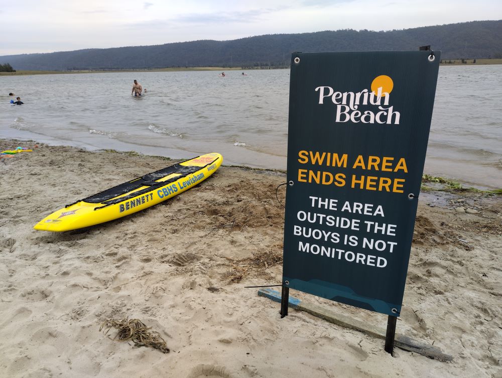 Penrith Beach paddle board and swim area sign