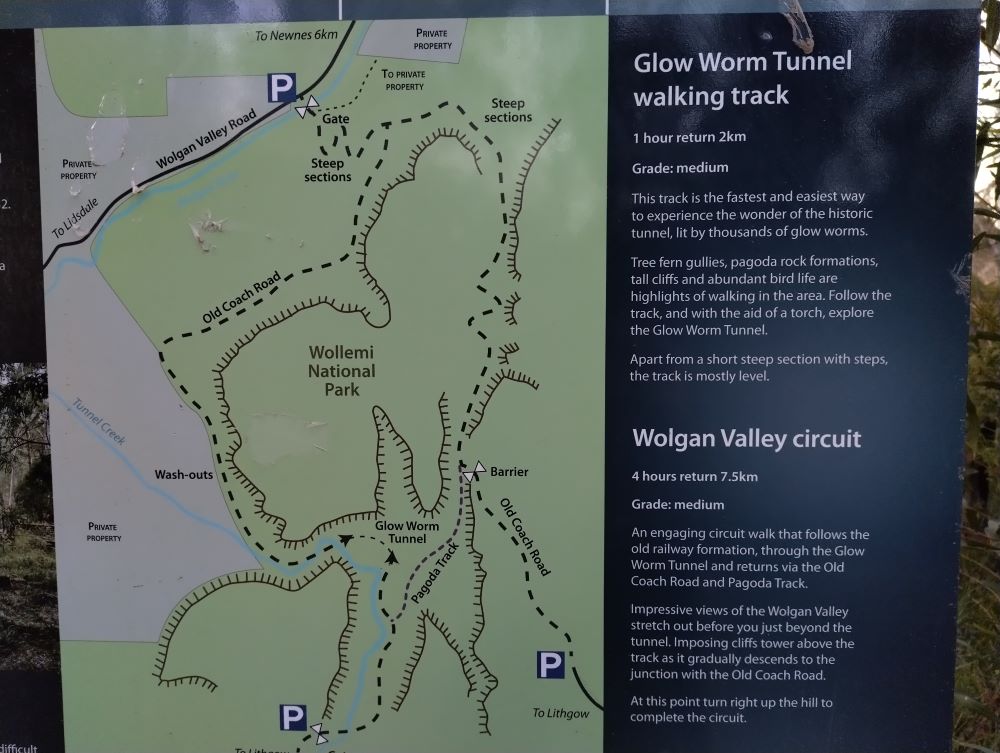 Lithgow Glow Worm Tunnel walking track and Wolgan Valley circuit map and information guide