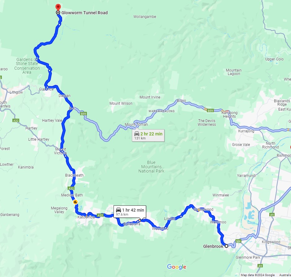 Google map from Glenbrook to the lithgow glow worm tunnel