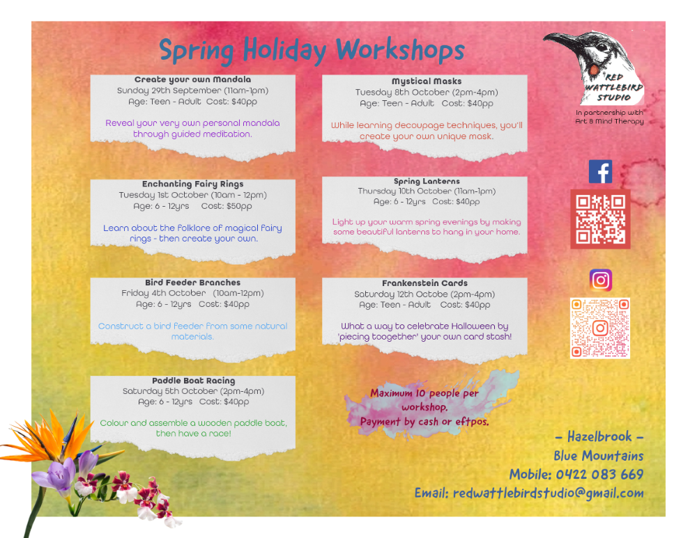 seven spring school holiday workhops for 2024 in hazelbrook blue mountains